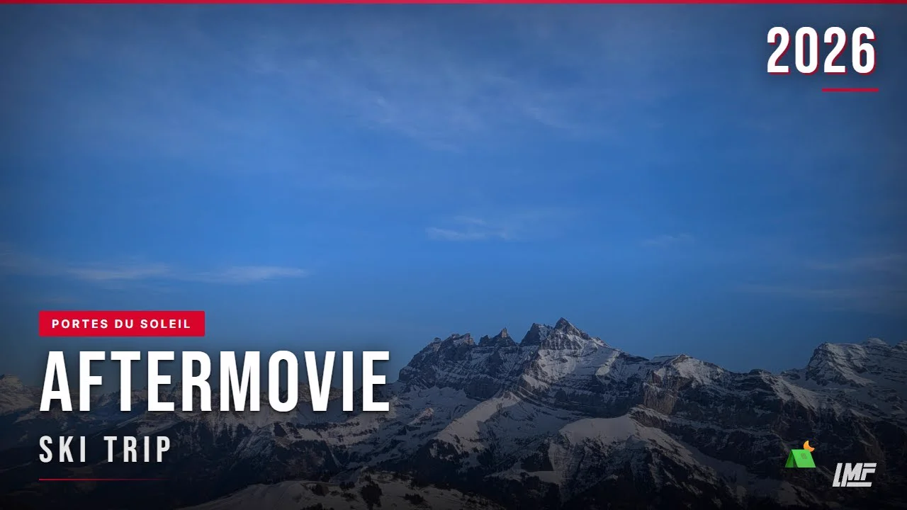 Vorschaubild des Aftermovies: Berggipfel in Portes du Soleil, Schriftzug „Aftermovie Ski Trip 2026“