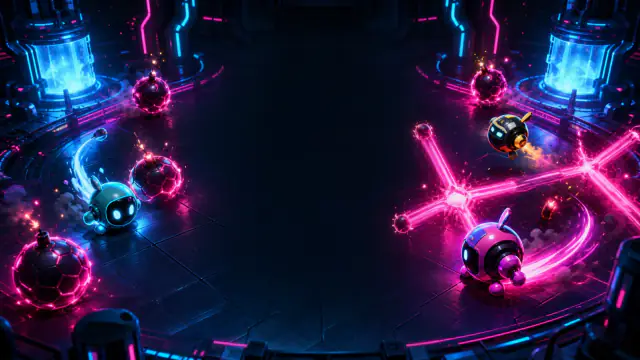 Bomberman-Motiv: Bomben-Roboter in einer Neon-Arena, daneben eine Explosion in Kreuzform